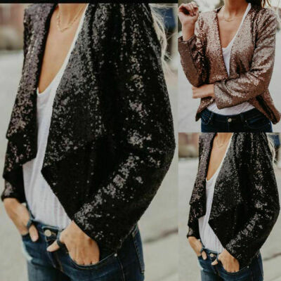 

Womens Casual Long Sleeve Short Jacket Ladies Sequin Suit Coat Tops Outwear