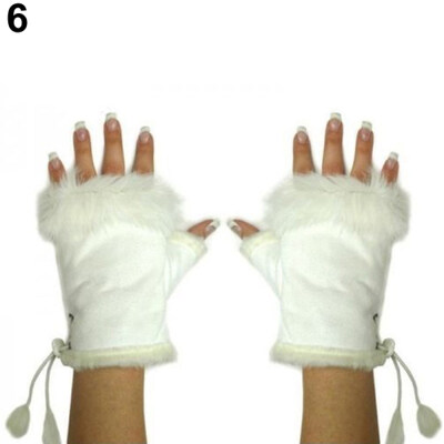 

Womens Winter Faux Rabbit Fur Faux Leather Fingerless Mittens Wrist Gloves