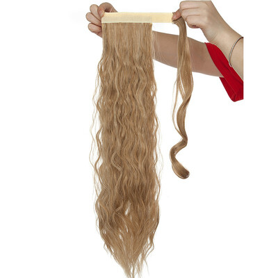 

20 Inch Long Corn Wave Ponytail Extension Magic Paste Heat Resistant Wavy Synthetic Wrap Around Ponytail Black Hairpiece for Women