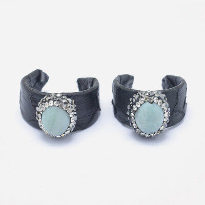 

Snakeskin Leather Cuff Rings with Natural Amazonite&Polymer Clay Rhinestone Oval Black Size 9 19mm