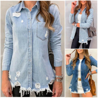 

hot Womens Retro Boyfriend Denim Jacket Ripped Distressed Biker Jeans Coat Tops