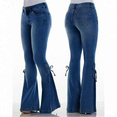 

〖Follure〗Women Summer Elastic Plus Loose Denim Bow Casual Boot Cut Pant Jeans