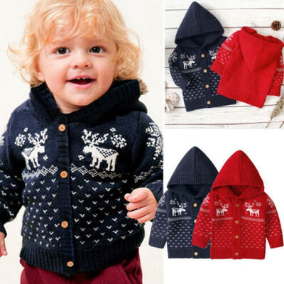 

UK Christmas Deer Baby Girl Boy Knitted Coat Hooded Jacket Cardigan Xmas Clothes