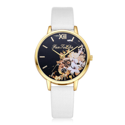 

Hot Selling Women Watches Golden Border Plant Dial Quartz Wristwatch Simple Ladies Leather Strap Clock Relojes Para Mujer