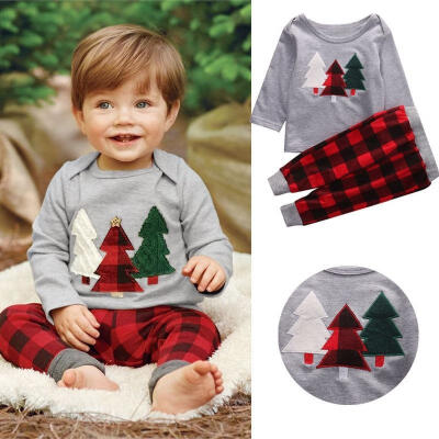 

Kids Baby Boy Long Sleeve Christmas Clothes Set T-shirtPlaid Pants 2PCS Outfits