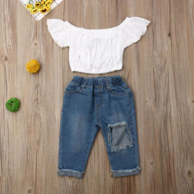 

US New Toddler Baby Girl Kid Crop Top Shredded Jeans Pants Summer Outfit Clothes