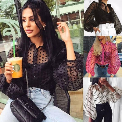 

Women Polka Dot Sheer See-through Long Puff Sleeve Tops Blouse Club T Shirts