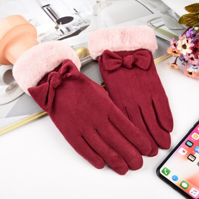 

Winter Female Single Layer Plush Wrist Warm Cashmere Leather Full Finger Mittens Women Touch Screen Driving Gloves