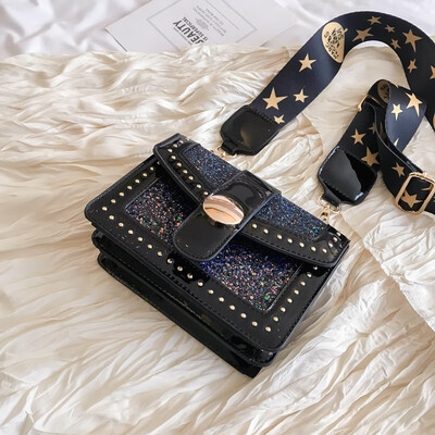 

New broadband sequin bag female 2019 new Korean version of the wild single shoulder slung fashion leather rivet small square bag