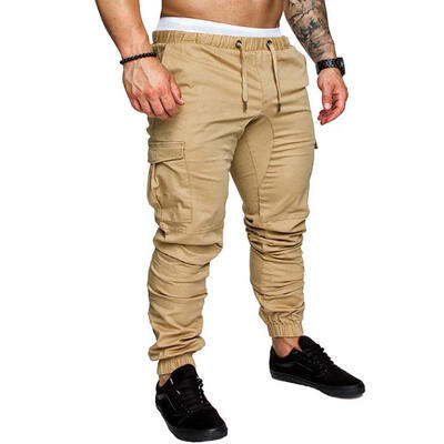 

New Fashion Slim Solid Color Pocket Decoration Men Casual Pencil Drawstring Pants Trousers Designer Joggers