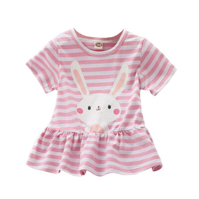 

1-5T Summer Casual Kid Clothing Cute Baby Girls Striped Cartoon Short-sleeved Dresses Child Clothing