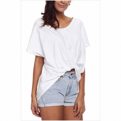 

Round neck short-sleeved front knotted skirt loose solid color T-shirt top