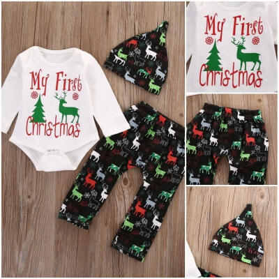 

Newborn Baby Boys Girls Christmas Clothes Tops Romper Pants Hat 3PCS Outfits Set