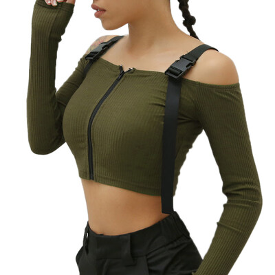 

NEW Women Off Shoulder Sexy Word Collar Solid Color Zipper Strap Knit Long-Sleeved Summer Casual T-Shirt
