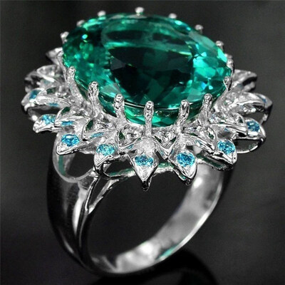 

Huge Natural Gemstone Emerald Diamond Flower Ring Wedding Birthstone Engagement Bridal Women Brand Jewelry Charm