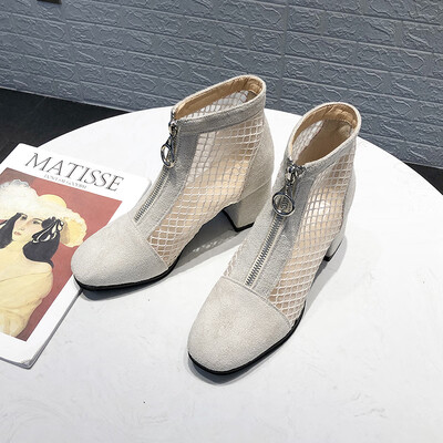 

Spring&summer Korean version of Joker round head thick with short boots chic personality front zipper net cloth shoes children