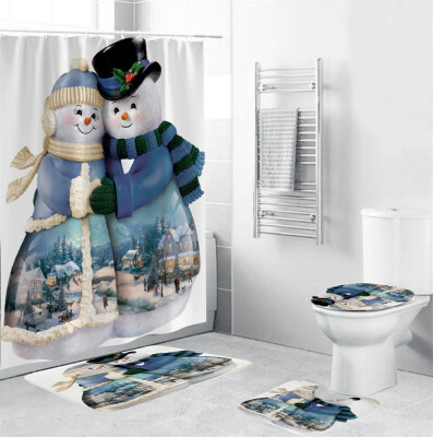 

〖Follure〗4Pcs Christmas shower Curtain Bathroom Anti-slip Carpet Rug Toilet Cover Mat Set