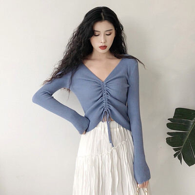 

sweater women Sexy lace up knitting pullover top Fashion autumn winter Chic pink V-neck knit slim jumper pull femme New