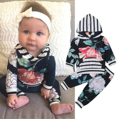 

Big Floral Newborn Baby Girls Hooded Tops Pants Floral Clothes Kid Outfit Sets Tracksuit