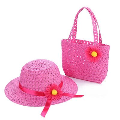 

2pcs Summer Sun Hat Girls Kids Straw Cap Beach Hats Tote Bag Flower Decor
