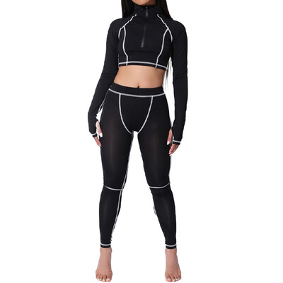 

2019 Autumu Fashion Women High collar Long sleeves Short paragraph Top Nine-point trousers Yoga Sportswear Suit