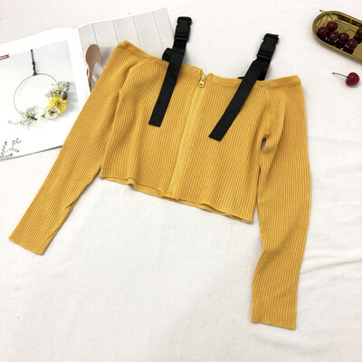 

Fashion Solid Color Zipper Women Sweater Sexy Slash Neck Sling Crop Tops Female Long Sleeve Knitted Sweaters Knitwear
