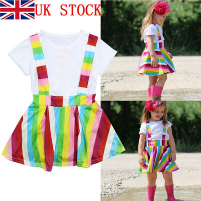 

Kid Baby Girl Tops Shirt Tutu Dress Rainbow Ruffle stripe Strap Skirt Clothes UK