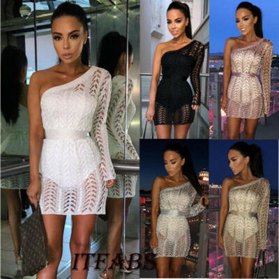 

UK Fashion Women One shoulder Single Sleeve Sexy Slim Knit Dress Clubwear Outfit