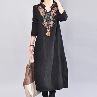 

Tailored Women Casual Embroidered Loose Long Dress V-neck Long-sleeve Pocket Dress