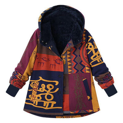 

Women Long Sleeve Hooded Thicken Coat Faux Fluffy Ethnic Printed Jackets