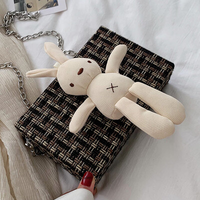 

Bag womens bag 2019 new personality lattice cloth cartoon bunny bag literary fan slanted box bag
