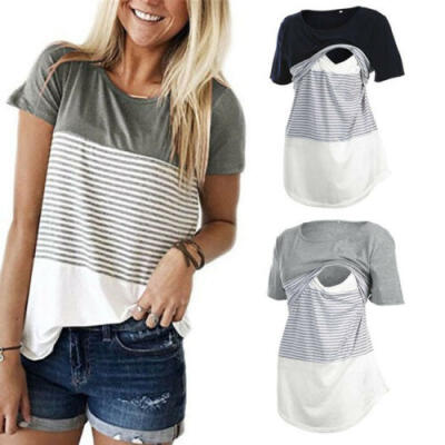 

Women Maternity Blouse Breastfeeding Top Short Sleeve Nursing T-shirt Top Stripe