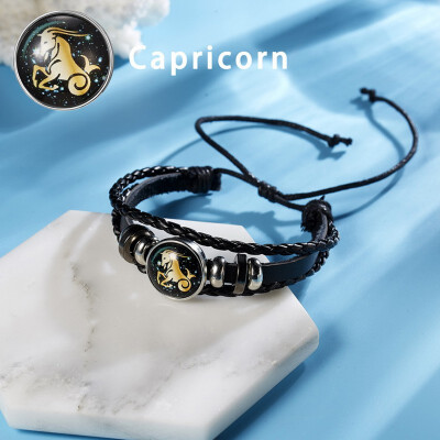 

12 Constellations Punk Leather Zodiac Sign Beads Bangle Bracelets For Women Men Jewelry Travel Bracelets Holiday Gift