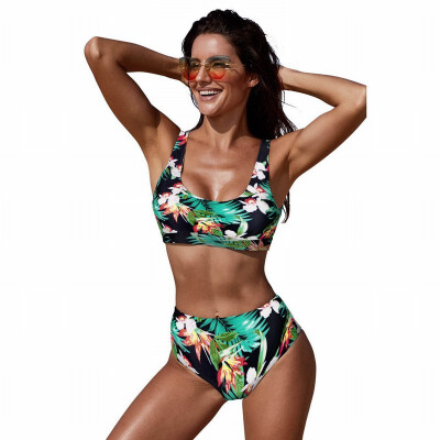 

Bra bikini retro print with chest pad triangle split swimsuit