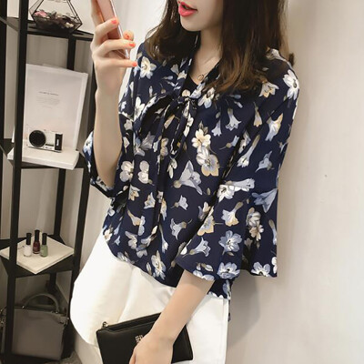 

Women Summer Retro Temperament Floral Print Blouse Vintage Seven Points Lotus Leaf Sleeve Casual Tops