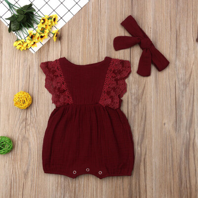 

Infant Kids Baby Girl Lace Ruffled Romper Bodysuit Hair Band Outfit Summer