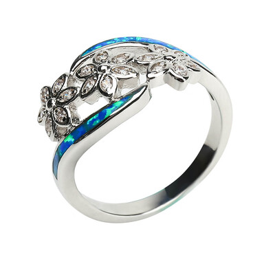 

New Fashion Filled Blue Fire Opal Ring White AAA Zircon Three Flower Rings For Women Best Gift