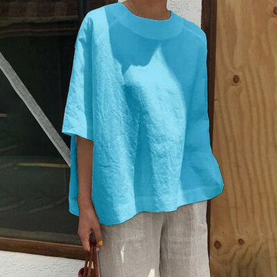 

Fashion Women Round Neck Shirt Tops Cotton Linen Casual Blouse Top T-shirt M2XL