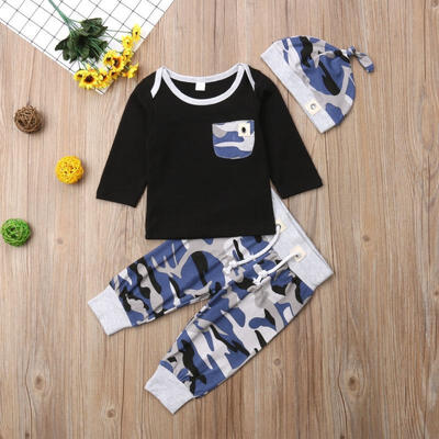 

3pcs Newborn Infant Baby Boy Clothes Camouflage Top Long Pants Hat Outfit Set