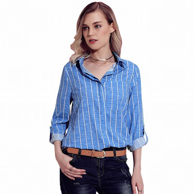 

Striped suit collar button long sleeve casual wild blouse top