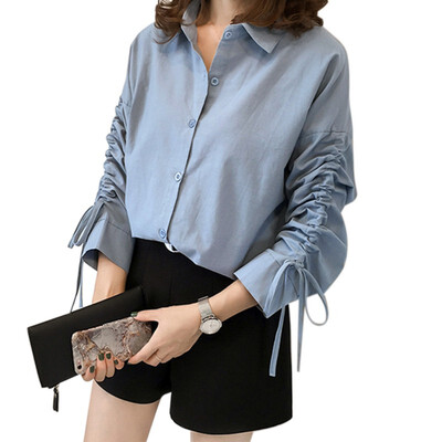

Fashion Long Sleeve Turn-down Collar Womens Tops&Blouses Ladies Casual Bandage Solid Chiffon Blouse Plus Size