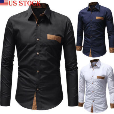 

US New Mens Long Sleeve Shirt Button Up Business Work Smart Formal Dress Top