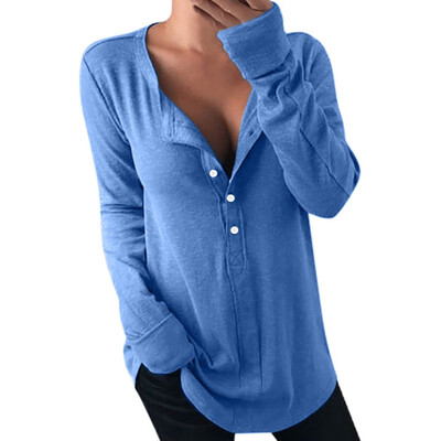 

Autumn&Winter Solid Color Long Sleeved T Shirt Women V Neck Button Tops