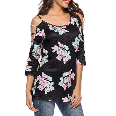 

Nomeni Women Sexy Cropped Sleeve Top Print Off Shoulder Strap Round Neck Blouse