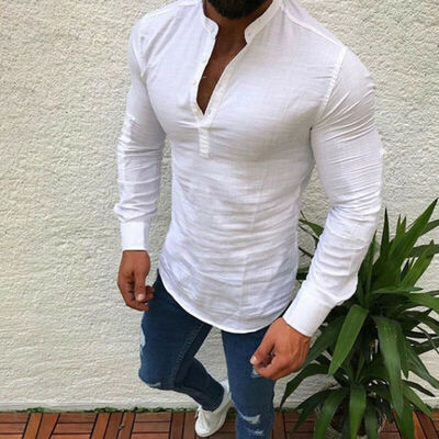 

Mens Slim Fit V Neck Long Sleeve Muscle Tee T-shirt Casual Tops Henley Shirts