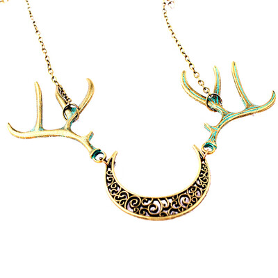 

Vintage Deer Antler Hollow Moon Long Necklace Pendants Sweater Chain Christmas Gifts Available