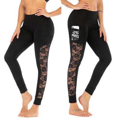 

Gobestart Fashion Women Lace Skinny Yoga Sport Pants Leggings Cell Phone Pockets Trousers