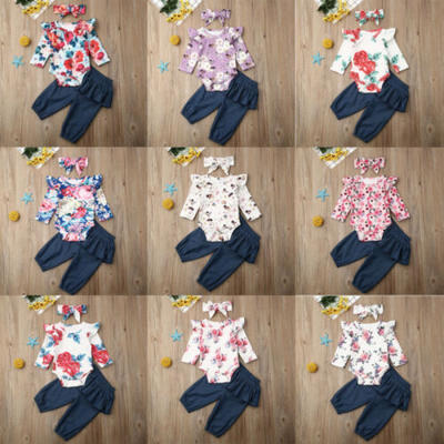 

US Newborn Baby Girl Floral Tops Romper Pants Headband Outfit Clothes 3Pcs Set