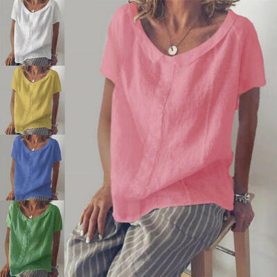 

Women Plus Size Summer Blouse Tunic Holiday Ladies Cotton Linen T-shirt Tops