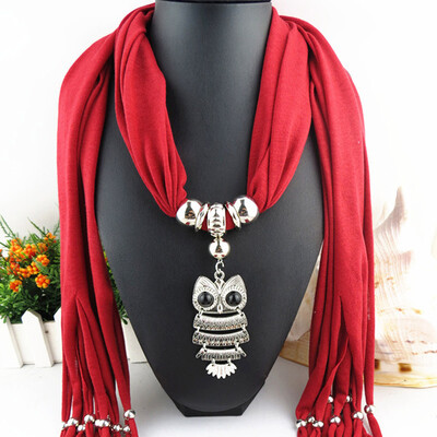 

Popular Alloy Pendant Soft Shawl Necklace Scarf Owl Pendant Necklace Scarf Fringed Scarf